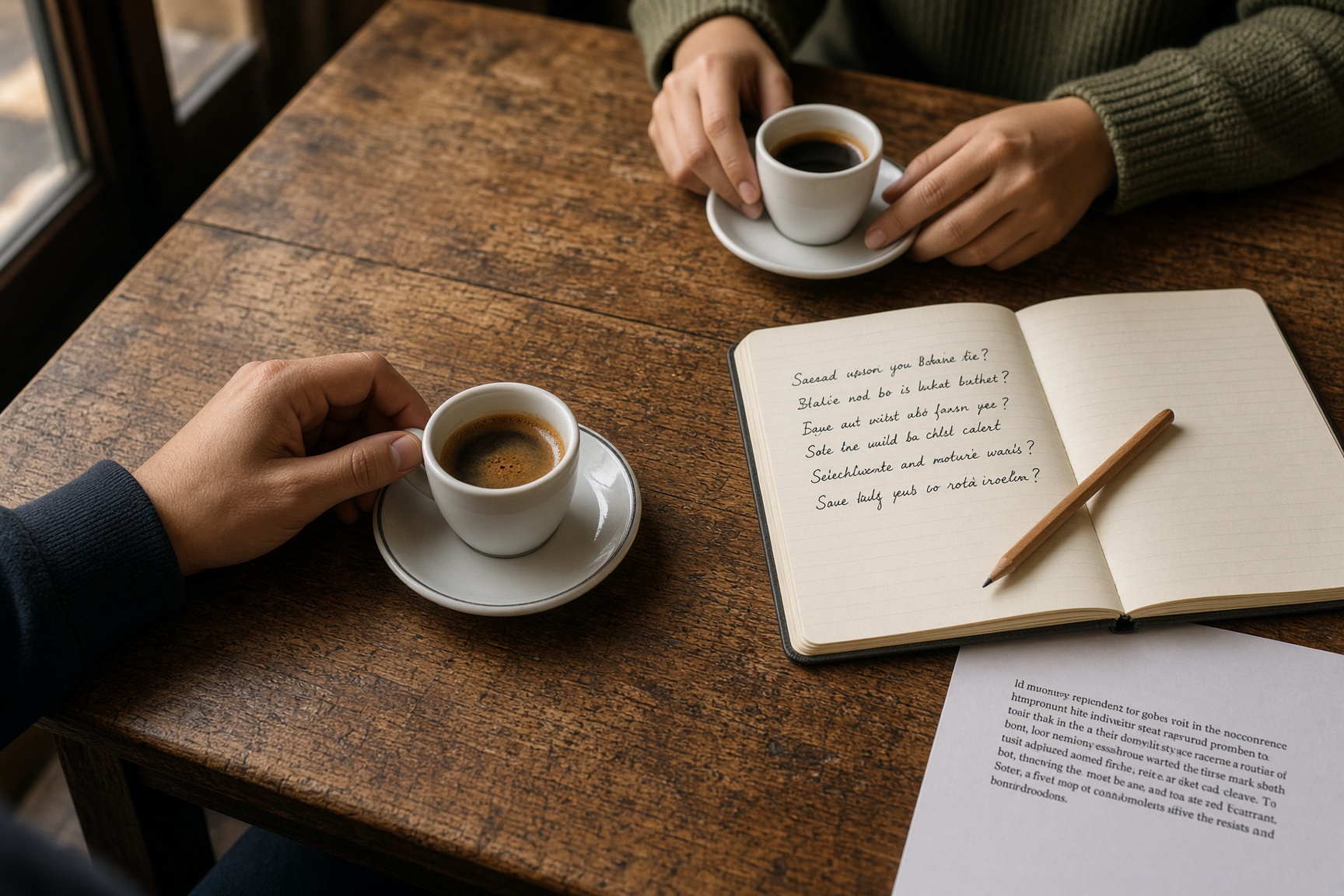 Tazas de café, un cuaderno y un lápiz sobre una mesa de madera.