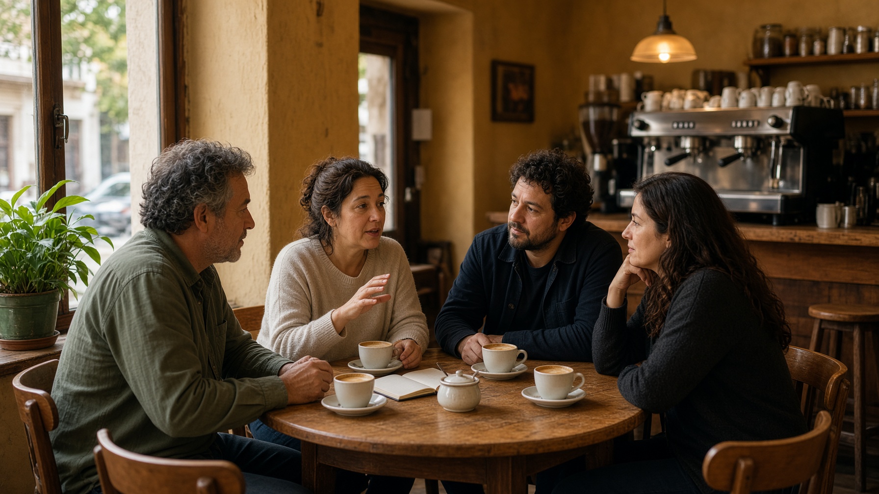Conversación alrededor de una mesa de café.