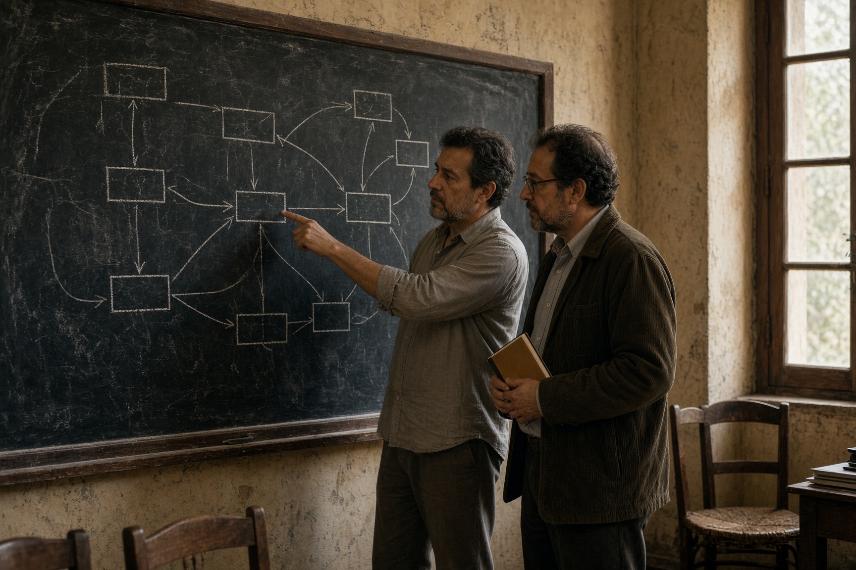 Dos docentes frente a una pizarra con esquemas simples.