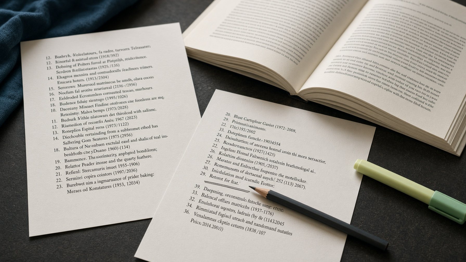 Una bibliografía impresa sobre el escritorio, con un lápiz y un subrayado.