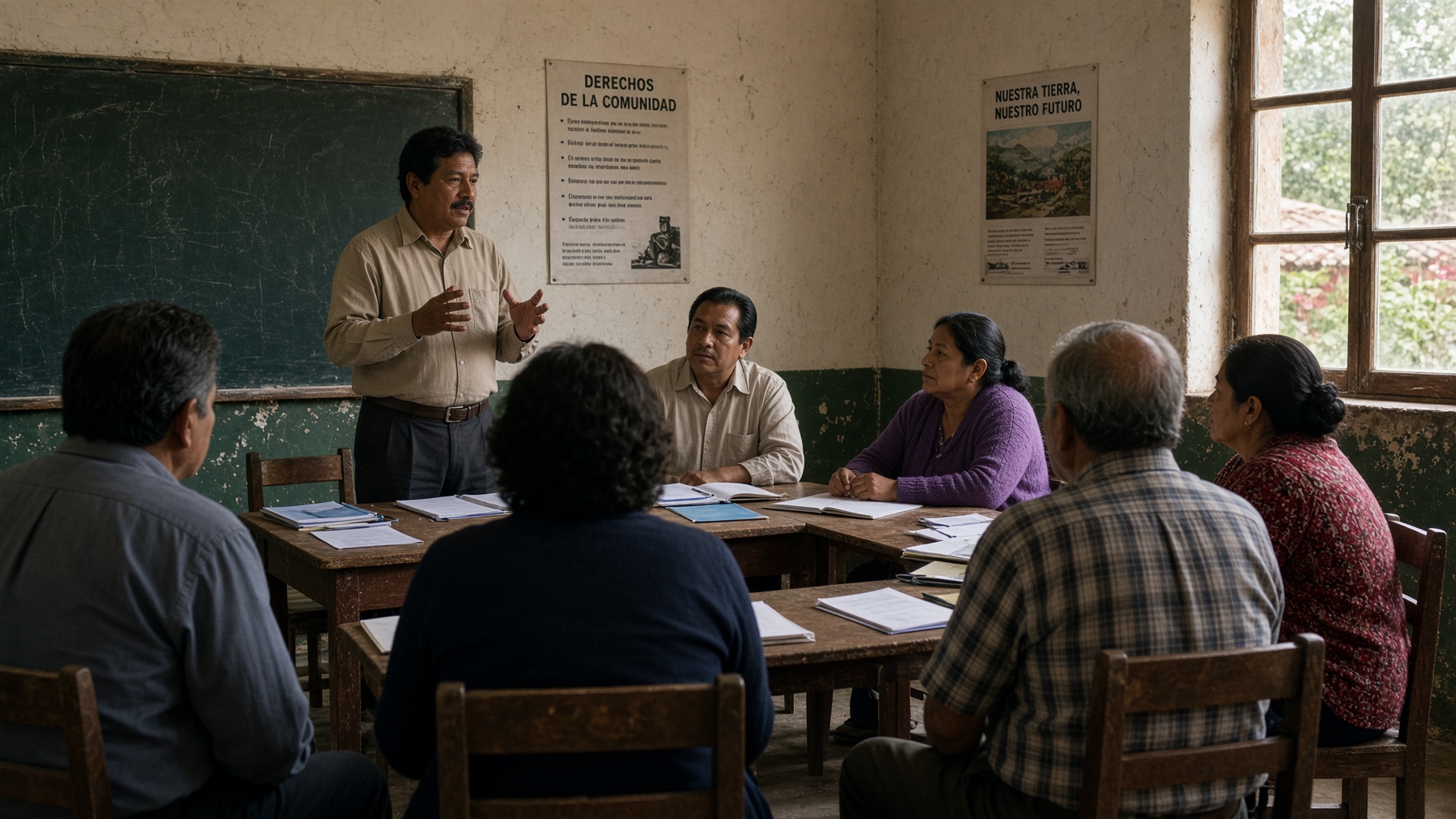 Seminario con adultas y adultos sentados en U, escuchando y tomando notas.