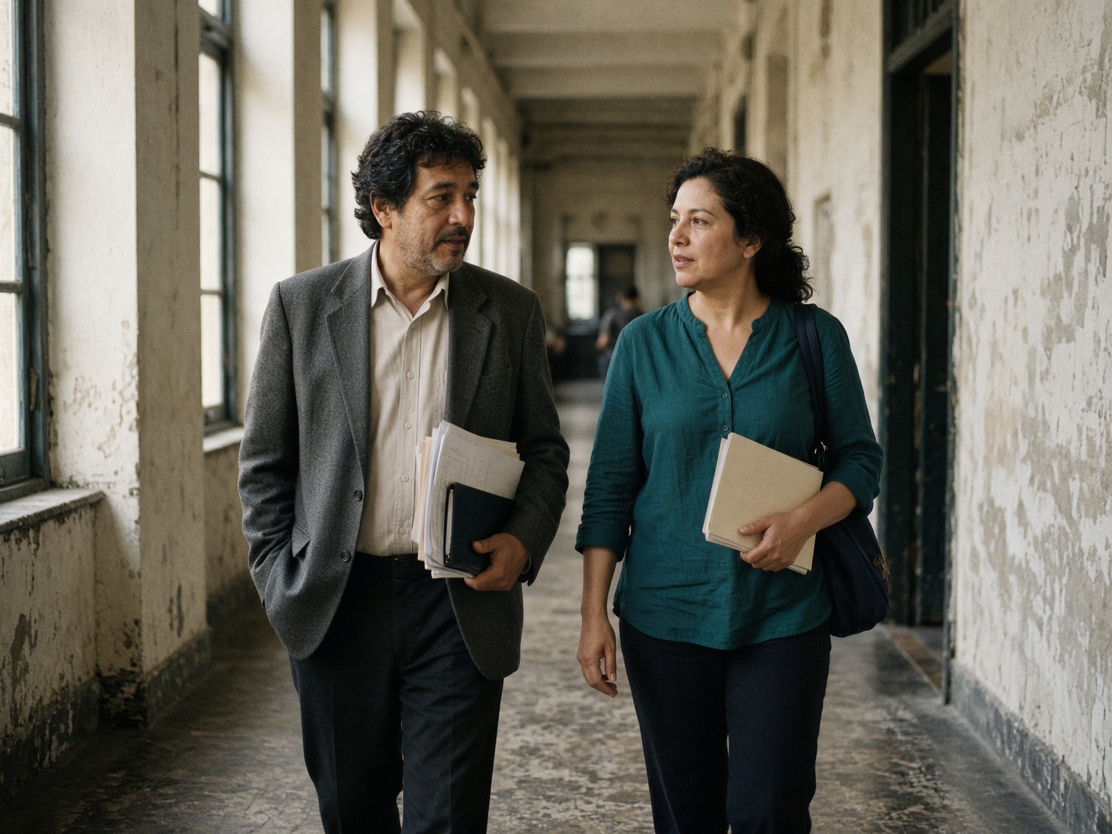 Dos profesionales conversan mientras caminan por un pasillo universitario.