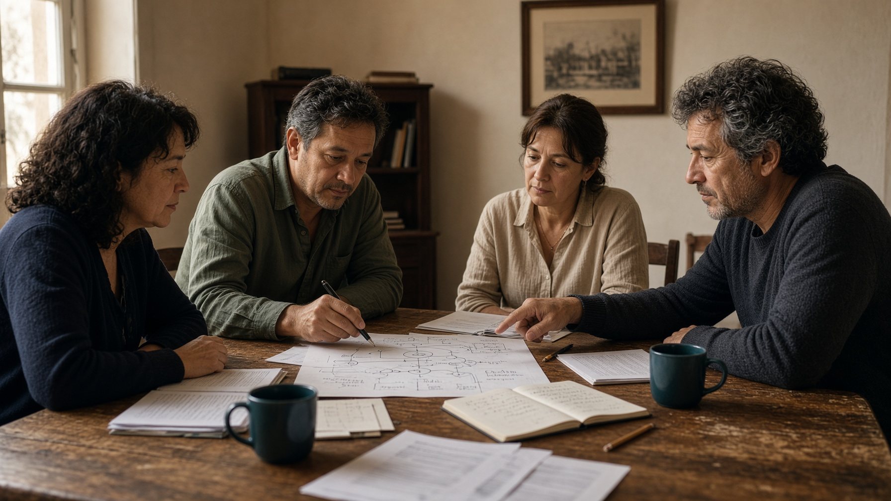 Un grupo pequeño trabaja juntos alrededor de una mesa, con papeles y cuadernos.