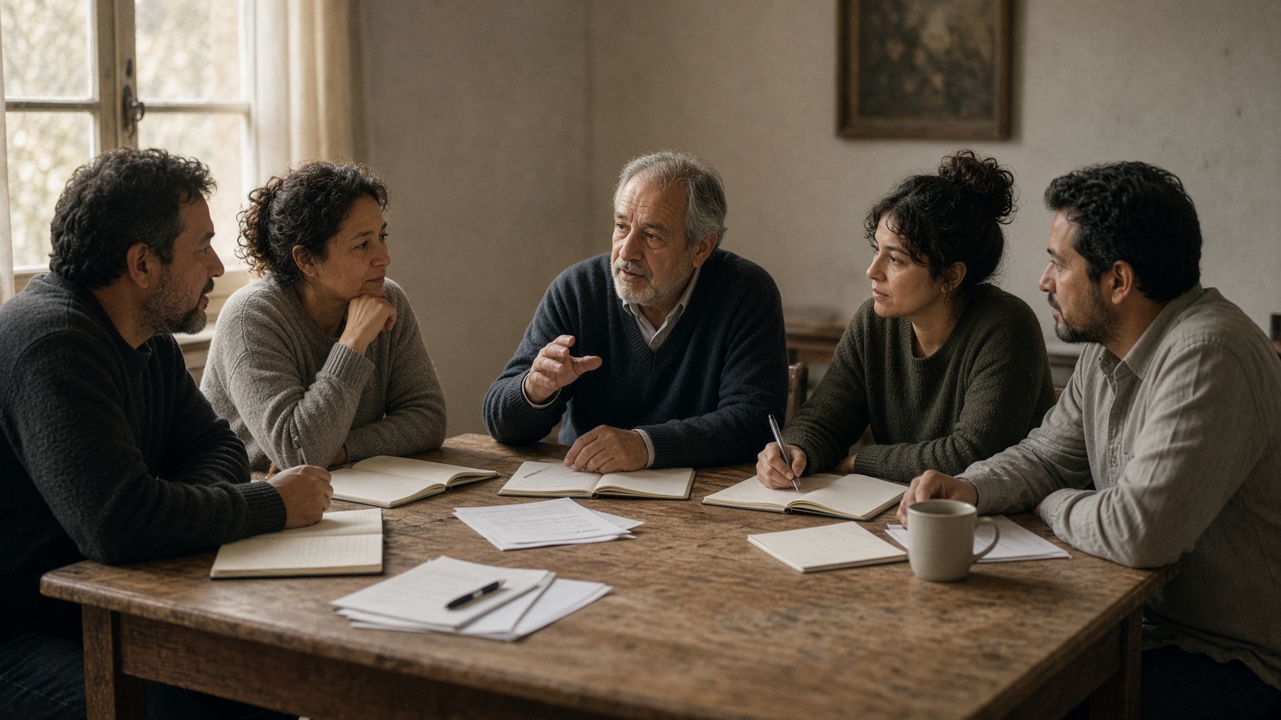 Grupo pequeño conversando alrededor de una mesa con cuadernos y papeles.