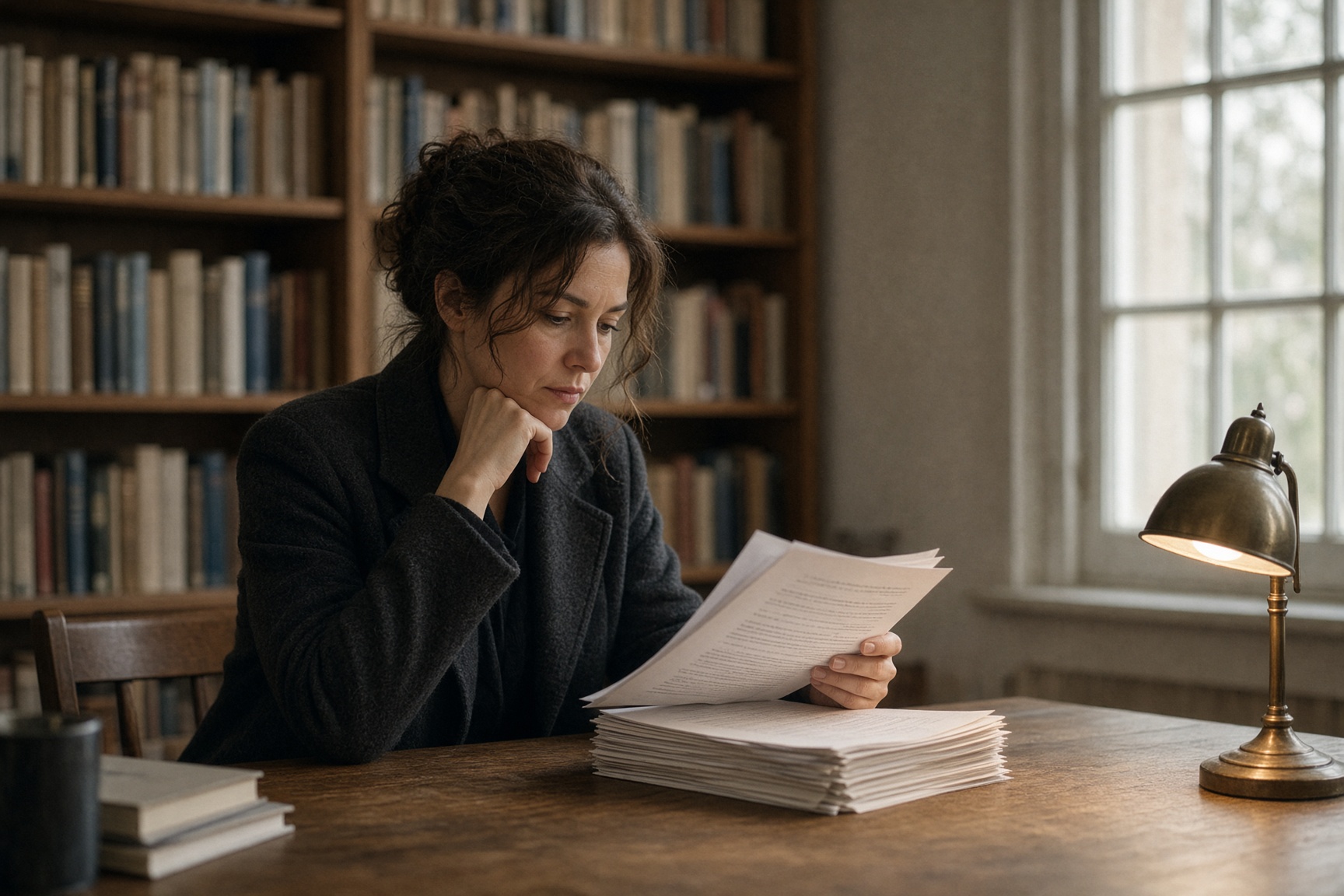 Persona leyendo papeles impresos en una mesa de biblioteca.