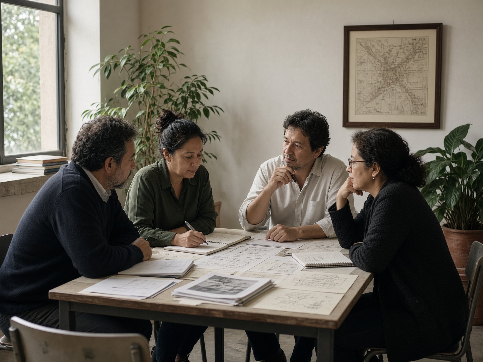 Reunión de trabajo con papeles sobre la mesa y atención sostenida.