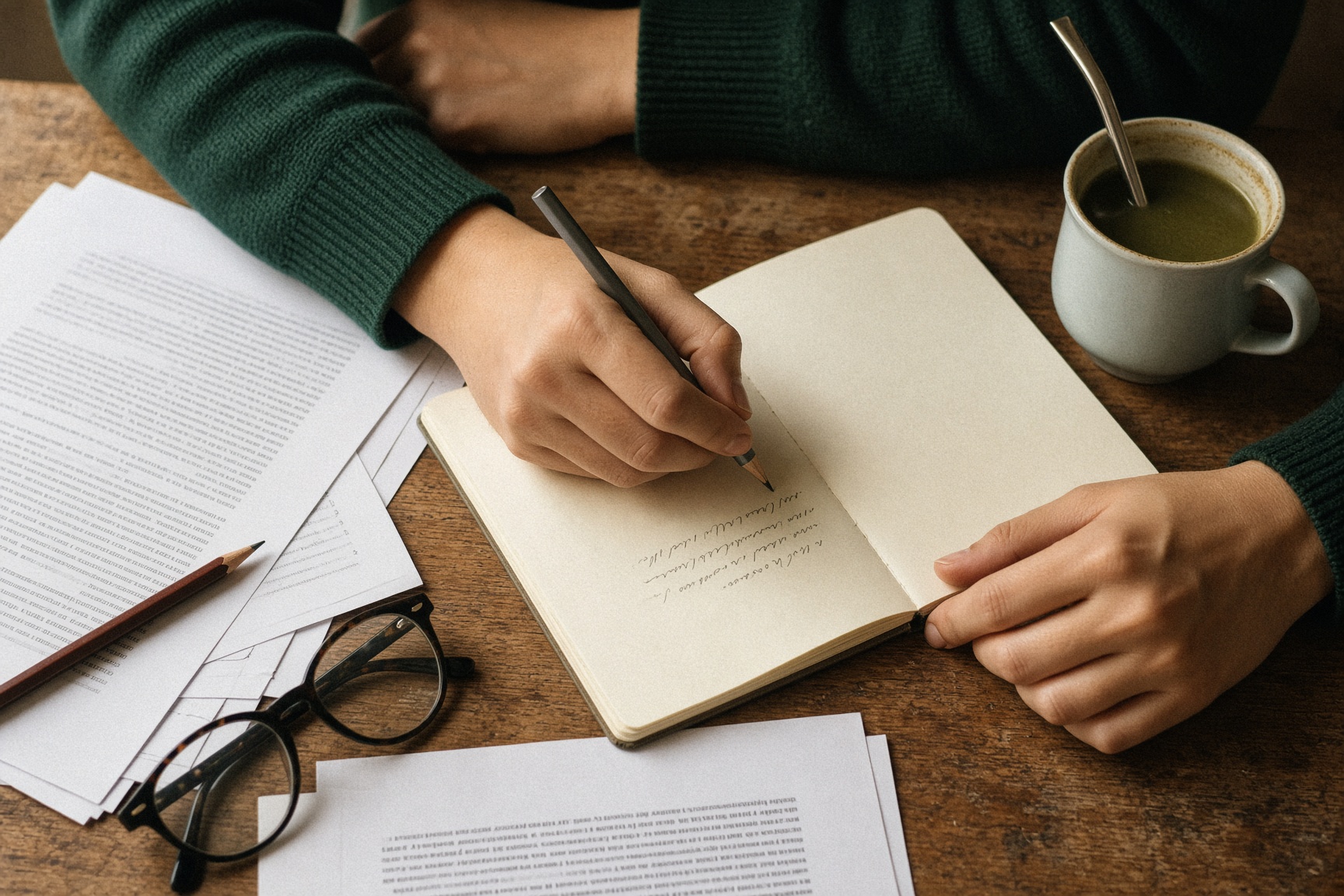 Cuaderno abierto y papeles de trabajo sobre un escritorio.